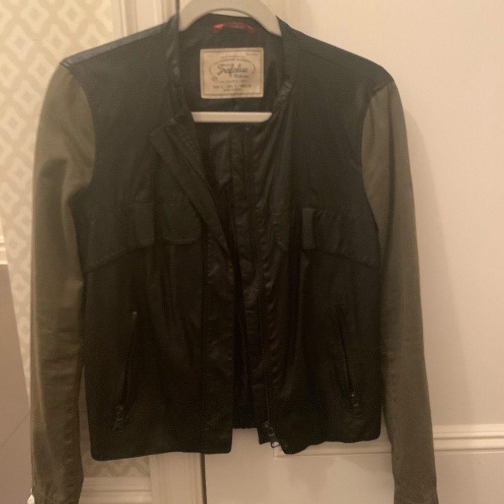 Leather jacket with army green sleeves
